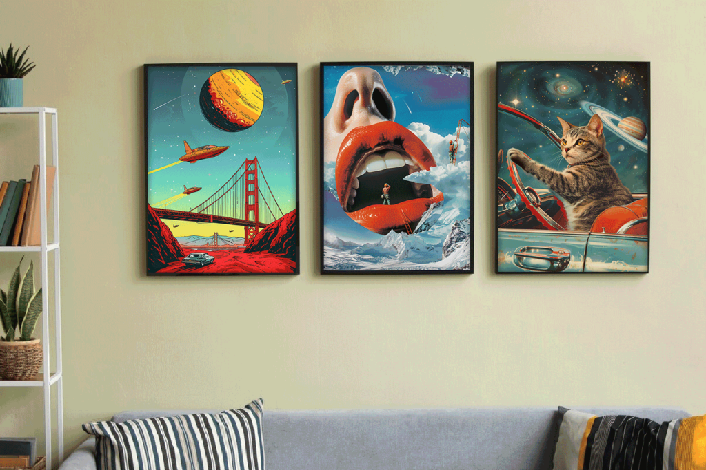 An image showcasing modern, minimalist prints from the bundle in a sleek, contemporary setting