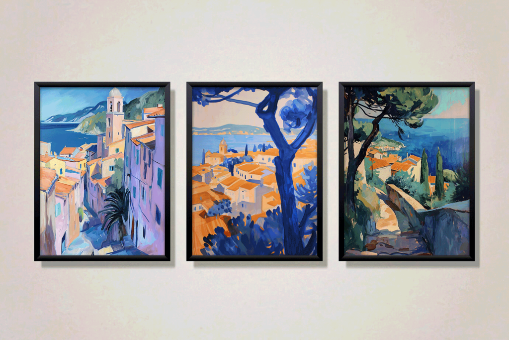 Printable wall art bundle featuring colorful coastal town illustrations