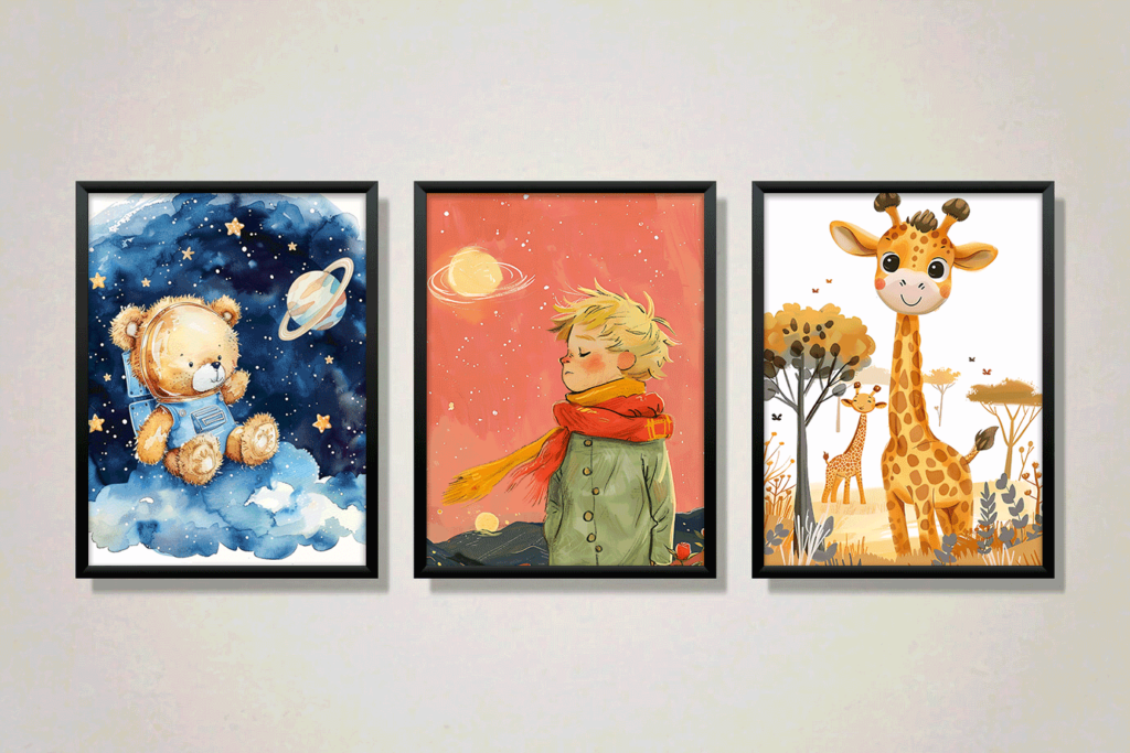 Printable wall art bundle for kids rooms featuring a teddy bear astronaut, child with scarf, and giraffes.