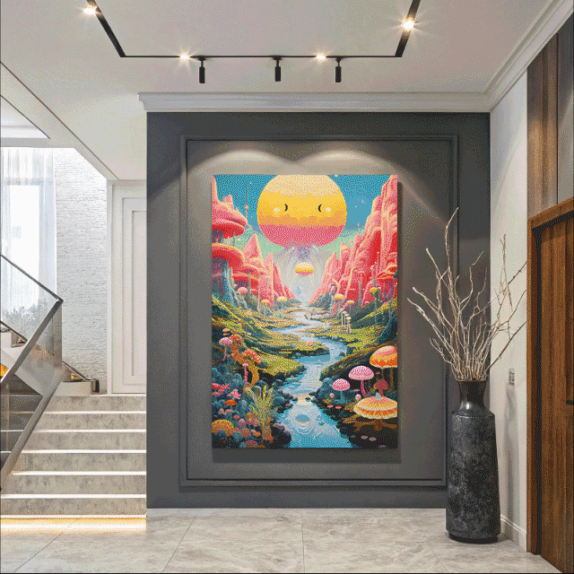 "Large scale printable wall art displayed in a living room, showing its impact